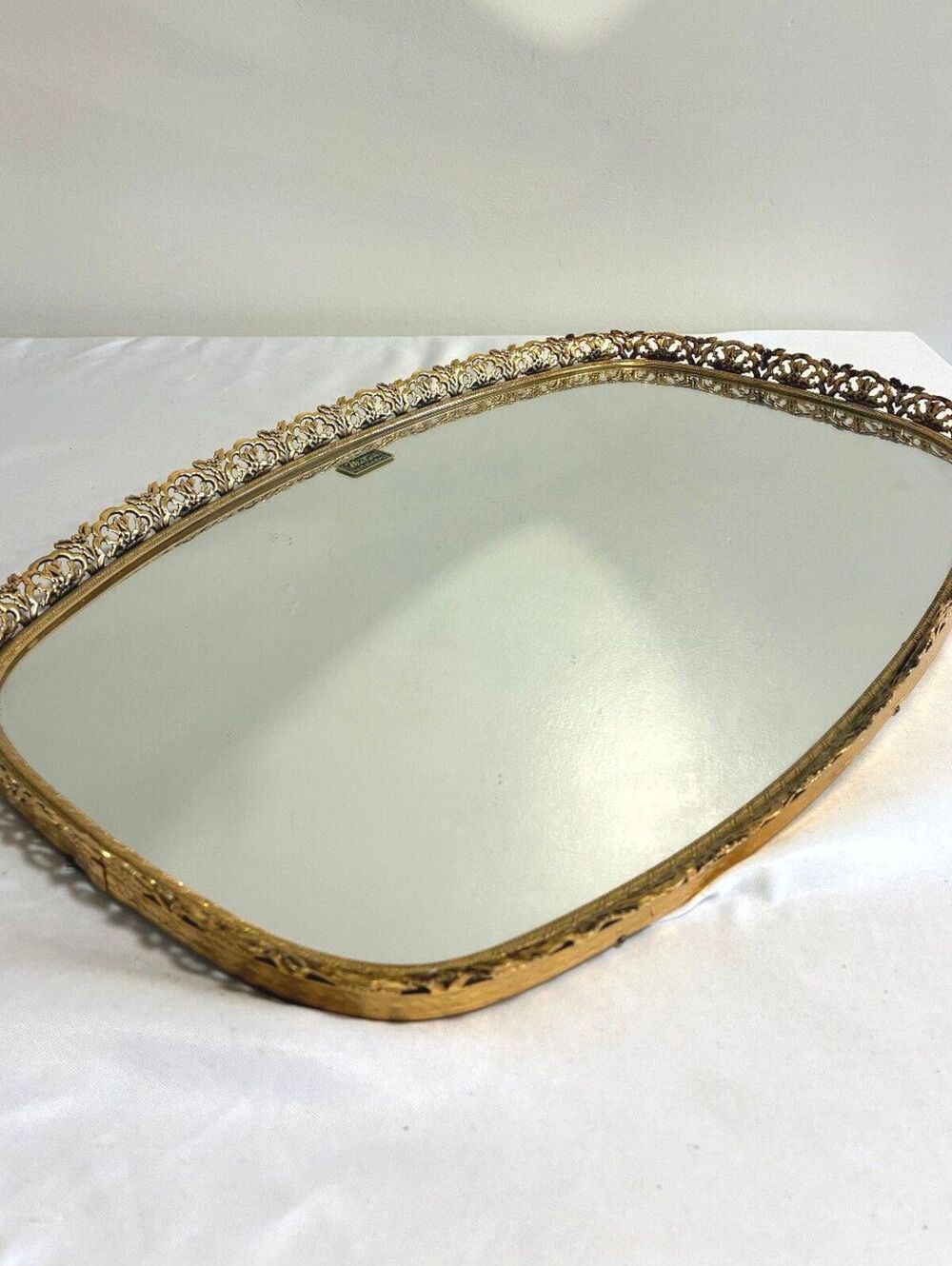 Vintage Matson 24K Gold Plated Mirror Vanity Tray, Filigree Hollywood Regency